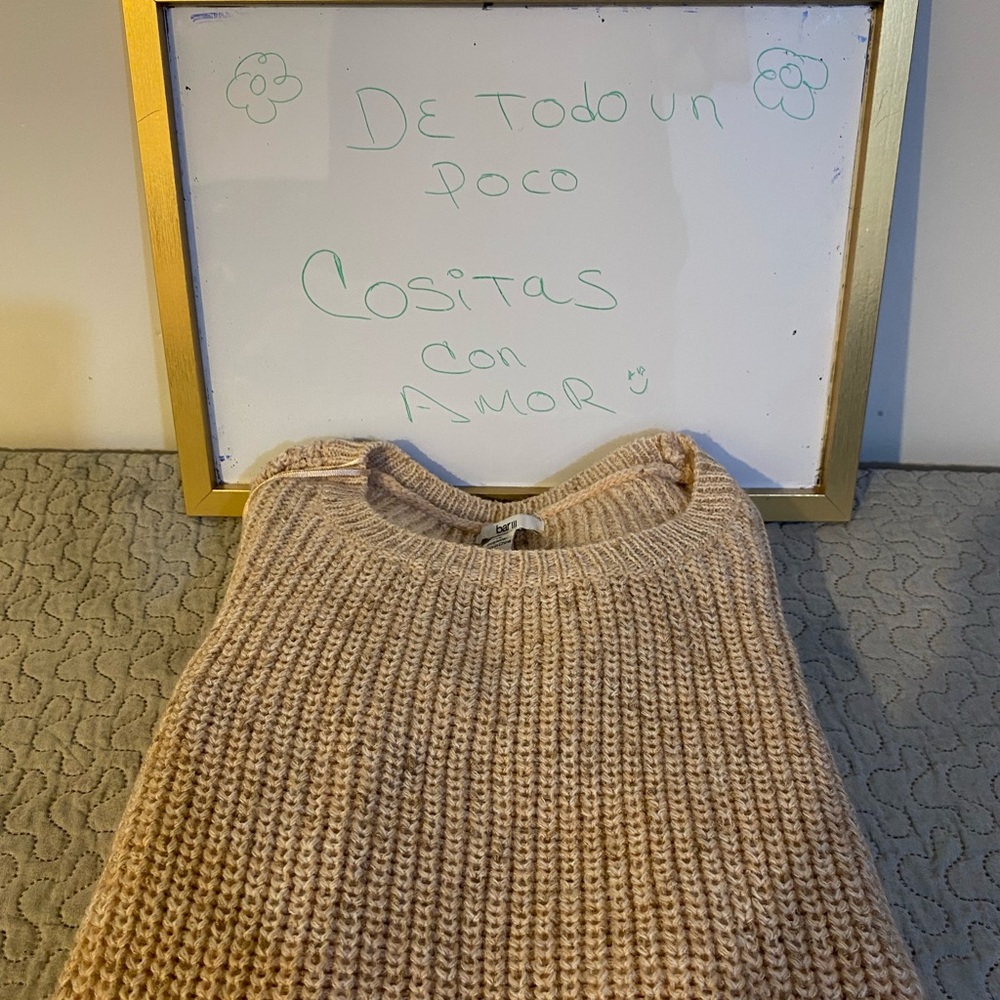 Bar III Tan Crew Neck Sweater with Ribbed Texture